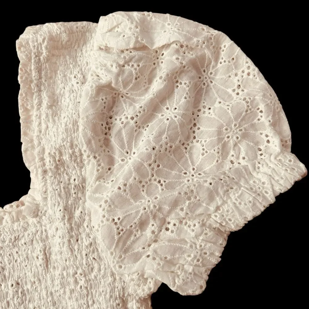 ASTR The Label Women’s Hudson Top White Eyelet Pique Smocked Bodice Size M NWOT - Picture 7 of 12